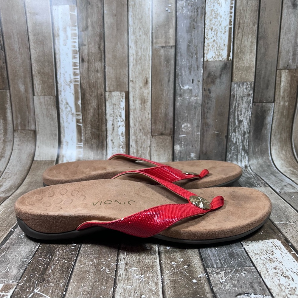 Vionic Hilda Woven Thong Flip Flops Women Size 10 Red Sandals Gold Bling